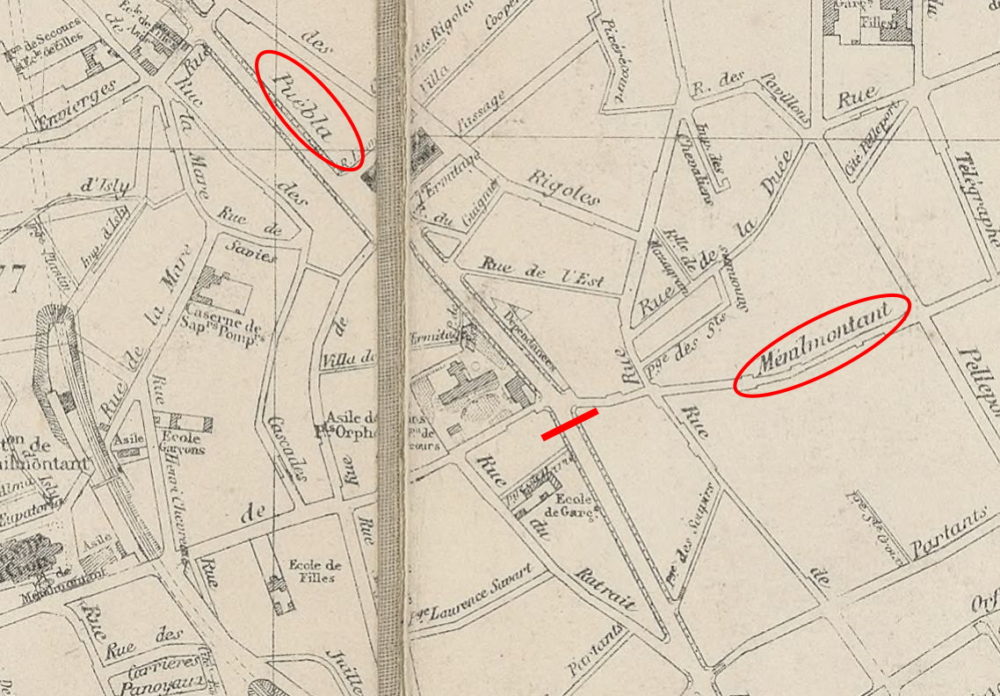 Extrait plan général de Paris et environs, 1876, Barricade du boulevard Puebla, Paris, Gallica